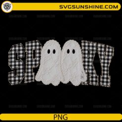 Spooky Ghost Applique Halloween PNG with buffalo plaid spooky lettering and cute lace ghost characters