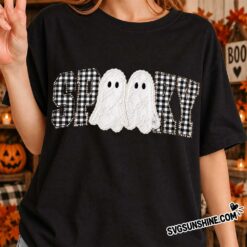 Spooky Ghost Applique Halloween shirt mockup featuring buffalo plaid spooky lettering and cute ghost applique design
