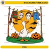 Spooky Goose Halloween PNG featuring a funny goose with pumpkins, bats, moon, and horror-inspired Halloween costumes