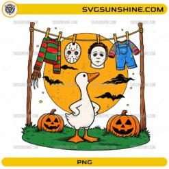 Spooky Goose Halloween PNG featuring a funny goose with pumpkins, bats, moon, and horror-inspired Halloween costumes