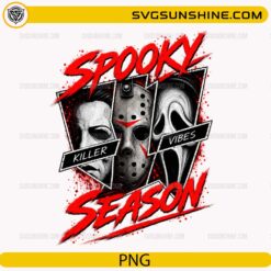 Spooky Season Killer Vibes PNG with horror-inspired masks and red Halloween typography