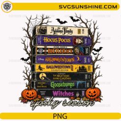 Spooky Season VHS Stack PNG featuring vintage Halloween movie-inspired VHS tapes with pumpkins and bats