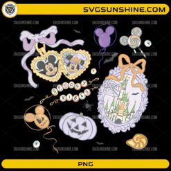 Spooky Vibes Disney Halloween PNG featuring pastel Halloween decorations castle pumpkins balloons and cute spooky elements
