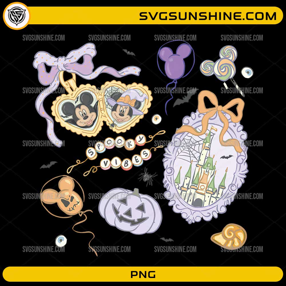 Spooky Vibes Disney Halloween PNG featuring pastel Halloween decorations castle pumpkins balloons and cute spooky elements