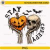 Stay Creepy Halloween Skeleton Pumpkin PNG featuring a skeleton holding a pumpkin heart and skull with spooky Halloween artwork