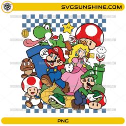 Super Mario Characters PNG featuring Mario Luigi Princess Peach Yoshi Toad and classic gaming elements