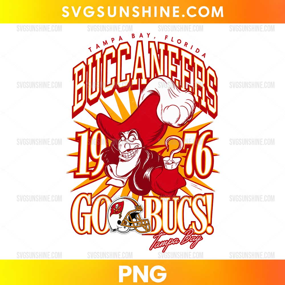 Tampa Bay Buccaneers Captain Hook 1976 PNG vintage football fan design with retro pirate character