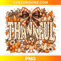 Thankful Turkey PNG with cute turkey, pumpkins, autumn leaves, acorns, flowers, and plaid bows for Thanksgiving