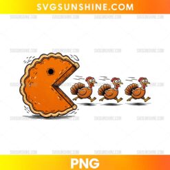 Thanksgiving Pie Chasing Turkeys PNG with funny pumpkin pie chasing three running turkeys cartoon design