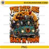 The Boys Are Back In Town PNG featuring horror movie-inspired characters riding in a spooky Halloween van