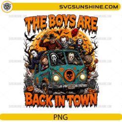 The Boys Are Back In Town PNG featuring horror movie-inspired characters riding in a spooky Halloween van