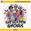 The Golden Ghouls PNG featuring colorful skeleton ladies in retro-inspired outfits with Halloween bats and flowers
