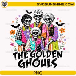 The Golden Ghouls PNG featuring colorful skeleton ladies in retro-inspired outfits with Halloween bats and flowers