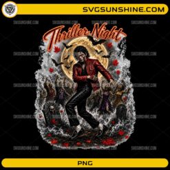 Thriller Night Michael Jackson Halloween PNG with zombie dancers graveyard bats and full moon horror design