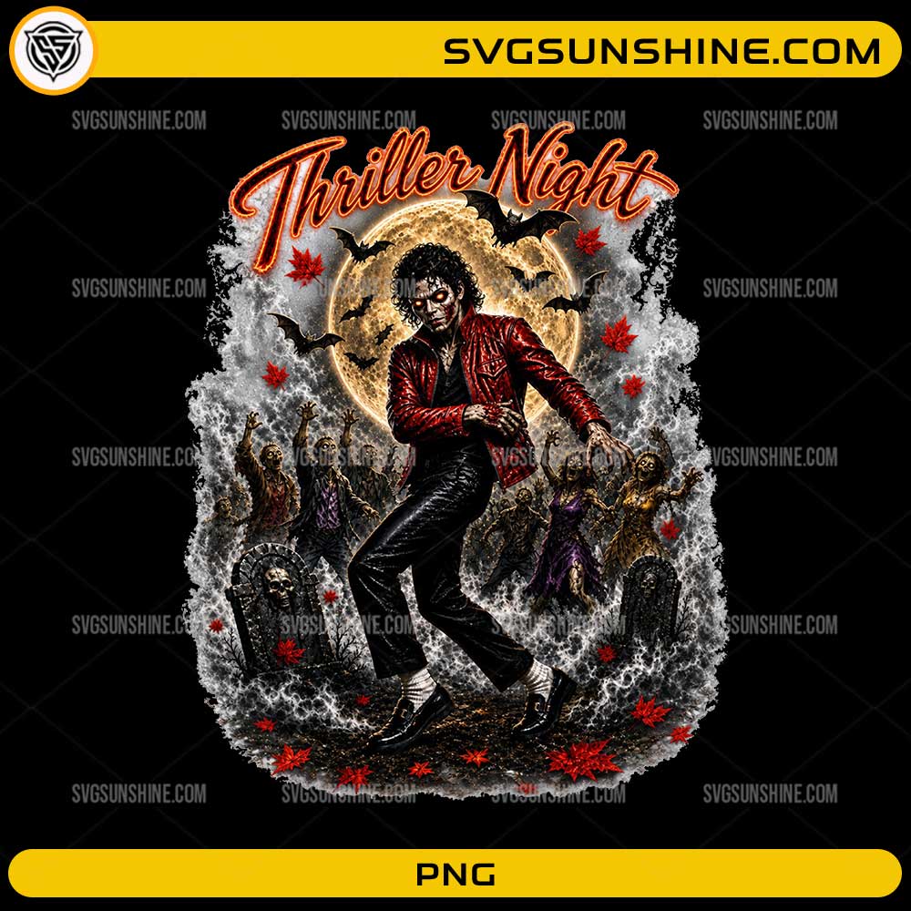 Thriller Night Michael Jackson Halloween PNG with zombie dancers graveyard bats and full moon horror design