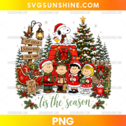 'Tis The Season Peanuts Christmas PNG featuring Snoopy, Woodstock, Charlie Brown, Lucy, Linus, Sally, Christmas tree and holiday decorations