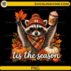 Tis The Season Raccoon Fall PNG with pumpkins autumn leaves pumpkin spice coffee and cozy fall accessories