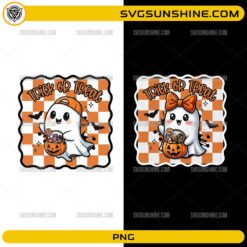 Trick Or Treat Ghost PNG featuring cute ghost boy and girl characters holding pumpkin candy buckets with an orange checkerboard background