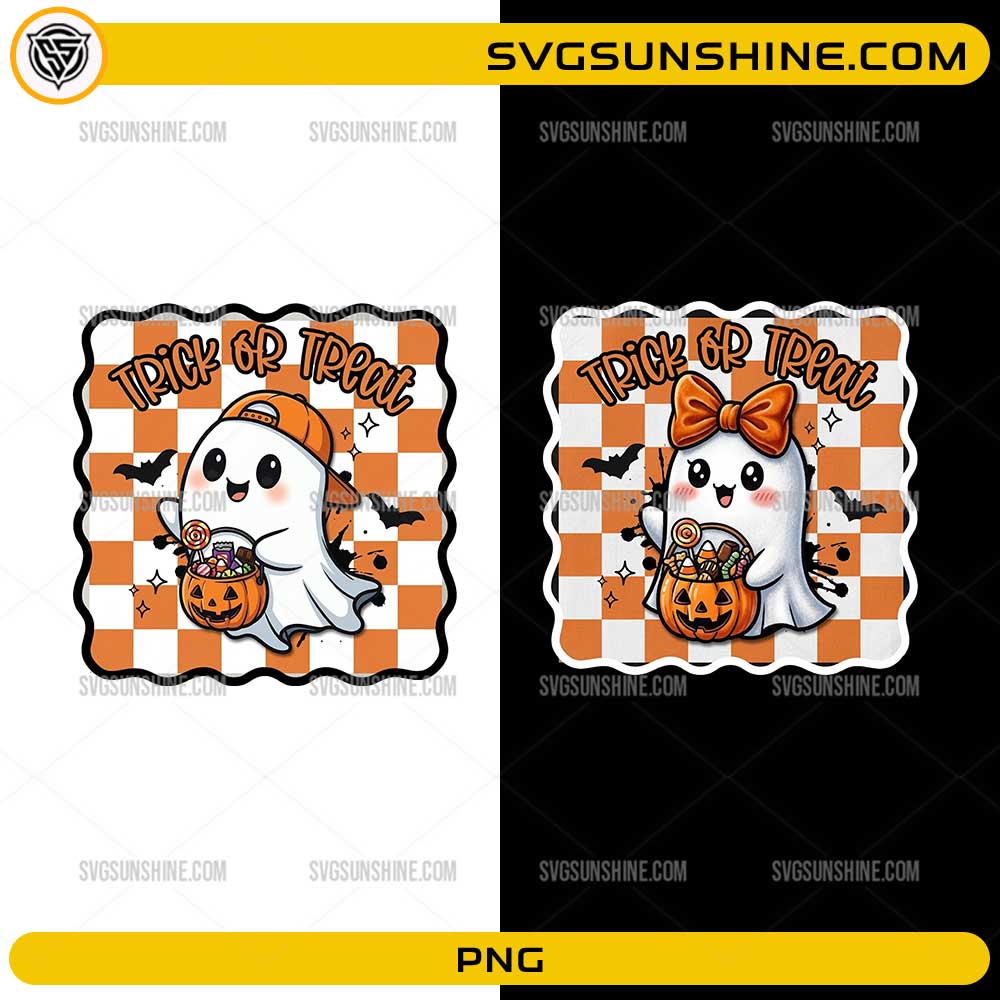 Trick Or Treat Ghost PNG featuring cute ghost boy and girl characters holding pumpkin candy buckets with an orange checkerboard background