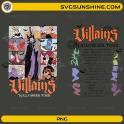 Villains Halloween Tour PNG featuring iconic animated villains with spooky Halloween gothic typography and tour poster design