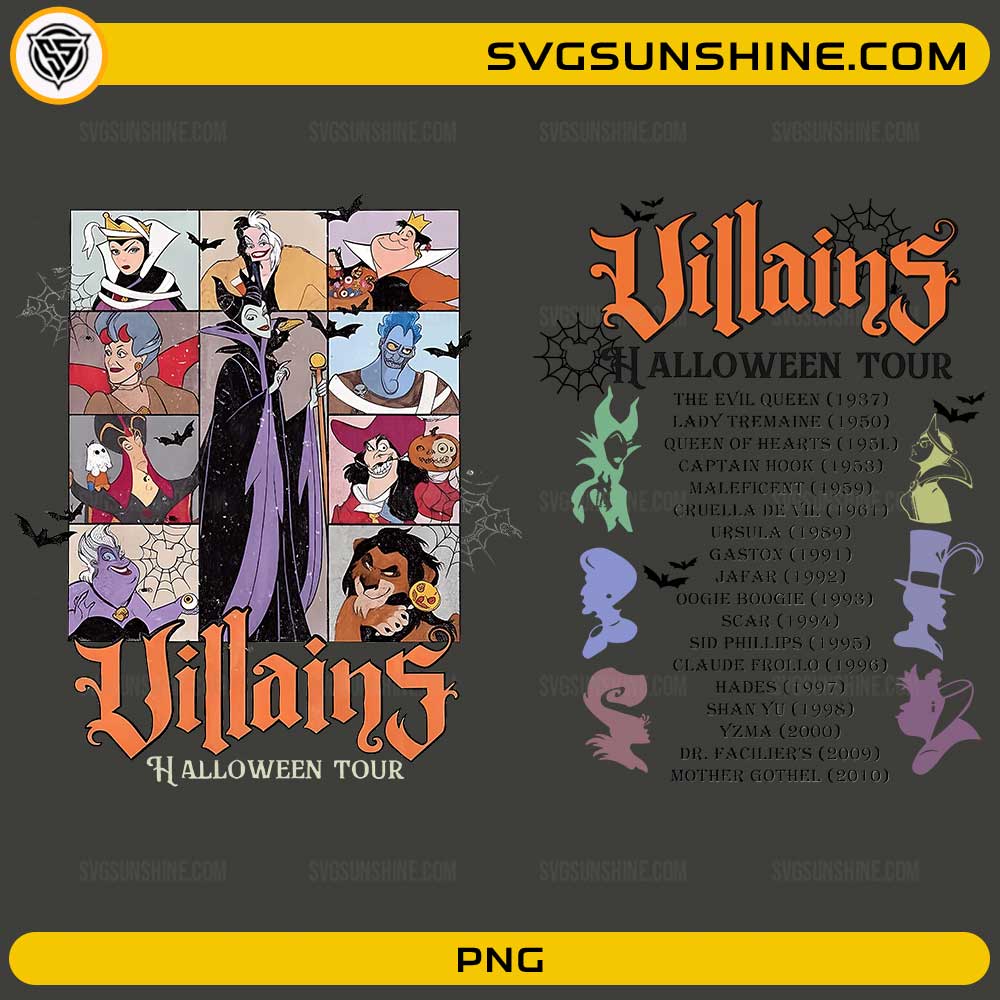 Villains Halloween Tour PNG featuring iconic animated villains with spooky Halloween gothic typography and tour poster design