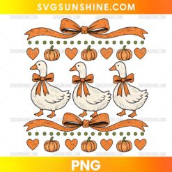 Vintage Fall Goose PNG with three geese, orange bows, pumpkins, hearts, and farmhouse autumn decorations