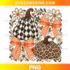 Vintage Fall Pumpkins PNG with buffalo plaid pumpkin, leopard print pumpkin, orange gingham bows, flowers, and autumn leaves