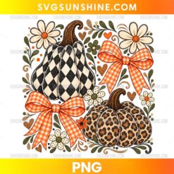 Vintage Fall Pumpkins PNG with buffalo plaid pumpkin, leopard print pumpkin, orange gingham bows, flowers, and autumn leaves