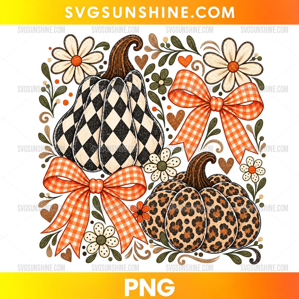 Vintage Fall Pumpkins PNG with buffalo plaid pumpkin, leopard print pumpkin, orange gingham bows, flowers, and autumn leaves