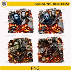 Vintage Horror Movie Halloween PNG Bundle featuring classic horror-inspired Halloween designs with pumpkins and autumn elements