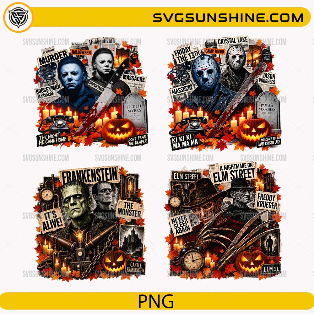 Vintage Horror Movie Halloween PNG Bundle featuring classic horror-inspired Halloween designs with pumpkins and autumn elements