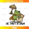 We Thrift At Dawn Frog PNG with cute frog holding stained-glass lamp and carrying thrift store treasures