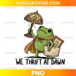 We Thrift At Dawn Frog PNG with cute frog holding stained-glass lamp and carrying thrift store treasures