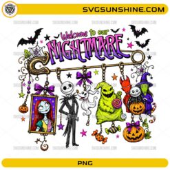 Welcome To Our Nightmare PNG featuring gothic cartoon-inspired Halloween characters, pumpkins, bats, candy, and spooky decorative charms
