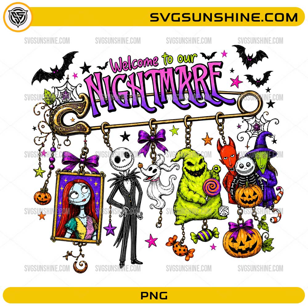 Welcome To Our Nightmare PNG featuring gothic cartoon-inspired Halloween characters, pumpkins, bats, candy, and spooky decorative charms