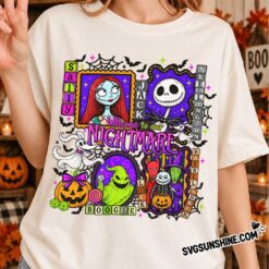 Welcome To Our Nightmare PNG printed on Halloween shirt featuring Sally Jack Skellington and Oogie Boogie artwork
