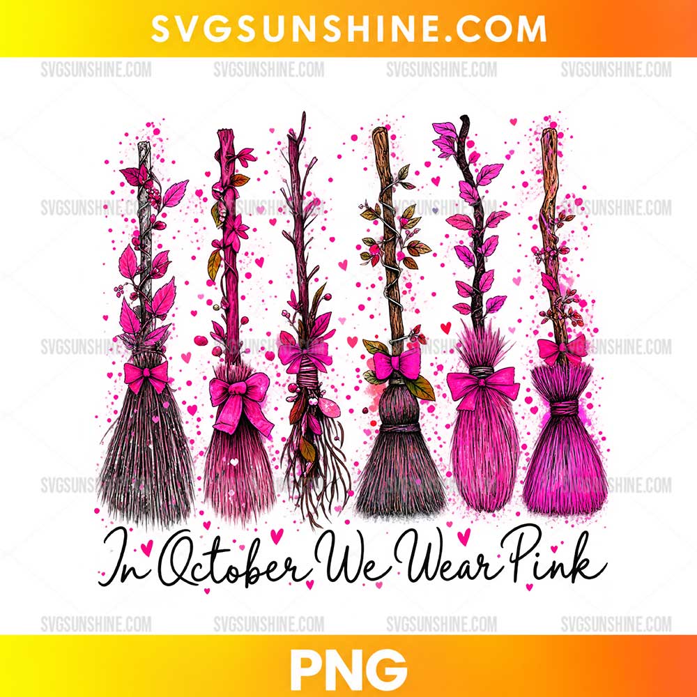 Witch Broom In October We Wear Pink PNG with decorative pink witch brooms for Breast Cancer Awareness Month