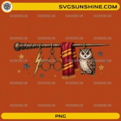 Wizard Owl Magic PNG featuring a magical wand, owl, wizard glasses, lightning charm, scarf, and fantasy stars