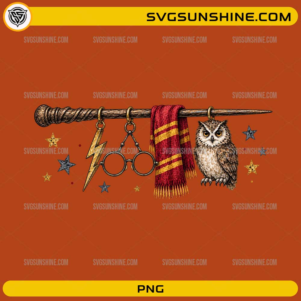 Wizard Owl Magic PNG featuring a magical wand, owl, wizard glasses, lightning charm, scarf, and fantasy stars