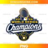 2026 Milwaukee Brewers World Series Champions PNG featuring a World Series trophy, bold Champions lettering, navy blue and gold graphics, and Brewers-inspired glove emblem.