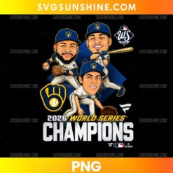 2026 Milwaukee Brewers World Series Champions PNG featuring three cartoon baseball players in navy blue caps and white uniforms with championship graphics.