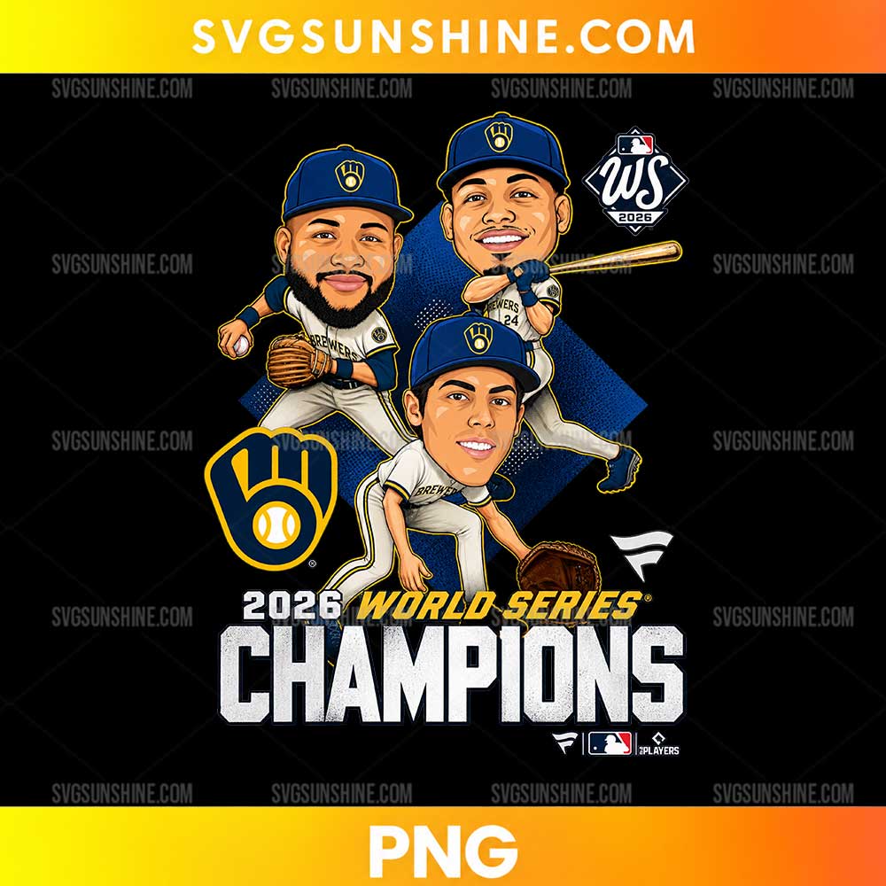 2026 Milwaukee Brewers World Series Champions PNG featuring three cartoon baseball players in navy blue caps and white uniforms with championship graphics.