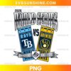 2026 Rays Brewers World Series ticket graphic PNG featuring blue and gold team panels, metallic lettering, and a Dominate the Fall banner.