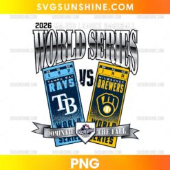 2026 Rays Brewers World Series ticket graphic PNG featuring blue and gold team panels, metallic lettering, and a Dominate the Fall banner.