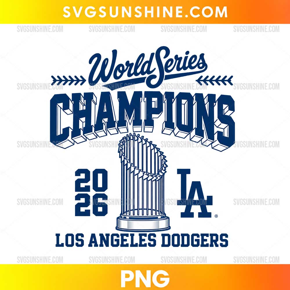 2026 World Series Champions Dodgers PNG with navy blue lettering and championship trophy illustration
