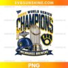 2026 World Series Champions Milwaukee Brewers PNG featuring a championship trophy, navy blue baseball helmet, glove-inspired emblem, and gold lettering.