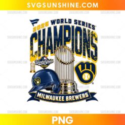 2026 World Series Champions Milwaukee Brewers PNG featuring a championship trophy, navy blue baseball helmet, glove-inspired emblem, and gold lettering.