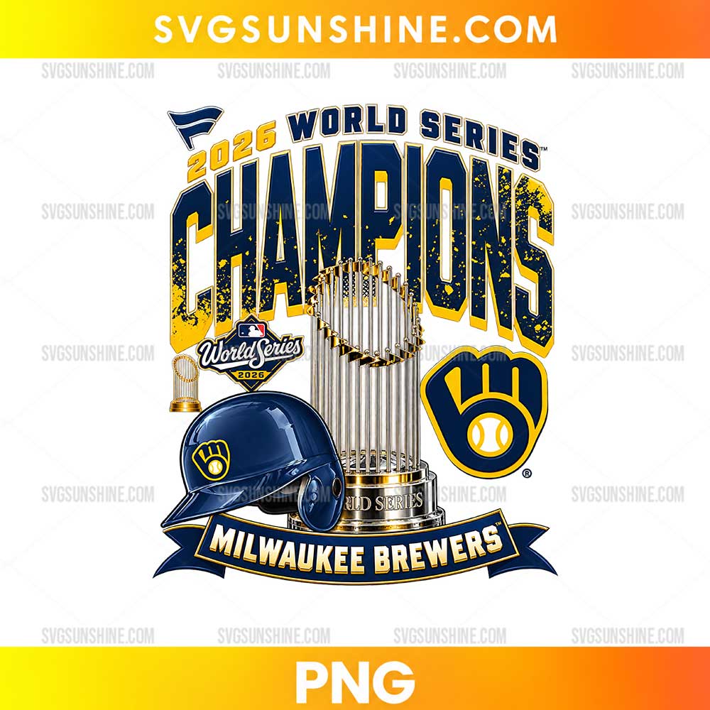2026 World Series Champions Milwaukee Brewers PNG featuring a championship trophy, navy blue baseball helmet, glove-inspired emblem, and gold lettering.