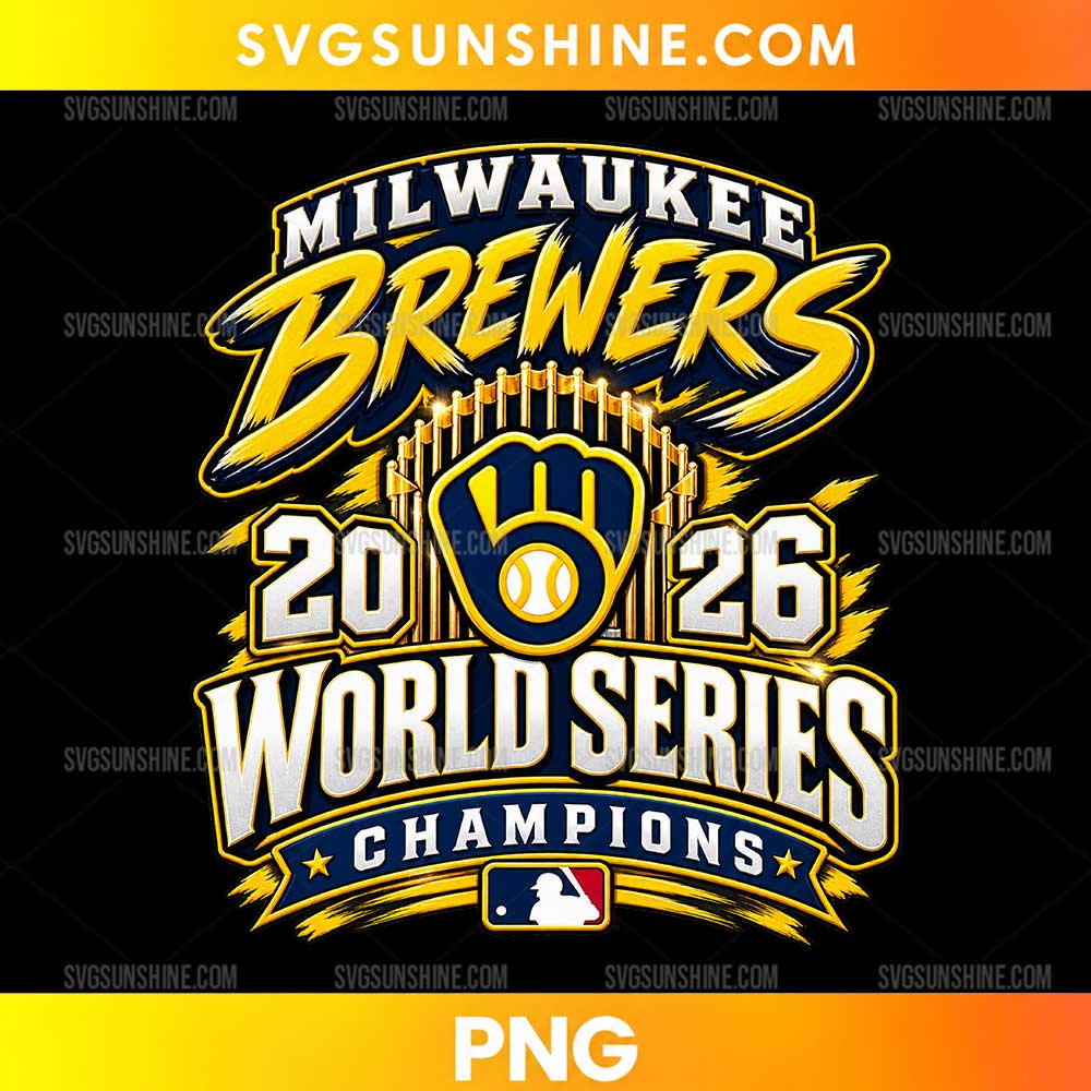 2026 World Series Milwaukee Brewers PNG featuring gold Brewers lettering, a navy blue baseball glove emblem, championship banners, and decorative stars.