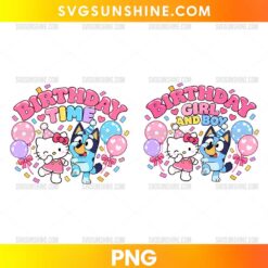 Birthday Time Hello Kitty and Bluey PNG with colorful balloons, confetti, and birthday girl and boy designs